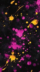 Poster - Pink and yellow paint splattering on a black background creating an abstract design with a textured effect, ideal for backgrounds, wallpapers, and graphic design projects