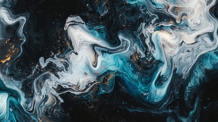 Poster - Abstract fluid art painting background creating a mesmerizing blend of ocean colors, white, gold, and deep blue, swirling together to form a beautiful and unique design