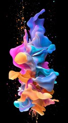 Poster - Colorful liquid ink flowing and mixing, creating intricate abstract shapes against a black background, offering a vibrant and dynamic visual experience