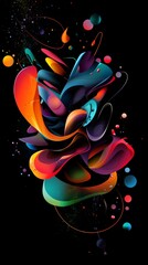 Poster - Abstract composition featuring vibrant, swirling shapes and colorful spheres against a black backdrop, creating a dynamic and visually engaging design