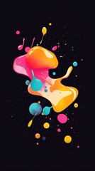 Poster - Colorful paint drops splattering, merging and mixing on a black background, forming abstract shapes, creating a vibrant and dynamic visual effect