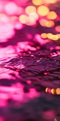 Poster - Golden bokeh lights are reflecting on a vibrant pink water surface, creating a mesmerizing abstract background with gentle ripples and a captivating interplay of colors and textures