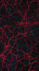 Poster - Complex red neural network is spreading on a dark background with blue shining particles, creating a futuristic and technological visual effect