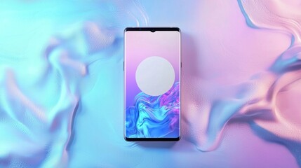 Poster - Modern smartphone displaying an abstract colorful background wallpaper with a white circle is lying on a pastel silk cloth with soft folds, creating a visually appealing and trendy scene