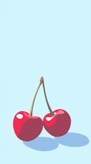 Poster - Two shiny red cherries with stems attached are casting shadows on a light blue background, creating a simple yet visually appealing composition