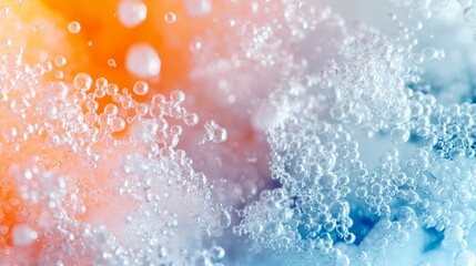 Poster - Clusters of transparent bubbles creating an abstract pattern against a vibrant orange and blue background, evoking a sense of scientific discovery or microscopic exploration