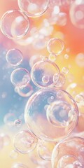 Poster - Floating iridescent soap bubbles of varying sizes create a whimsical scene against a vibrant pastel background, evoking a dreamy and ethereal atmosphere filled with magic