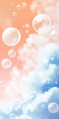 Poster - Floating soap bubbles dance across a cloudy sky, featuring a stunning gradient from warm orange to cool blue, evoking a dreamy and ethereal atmosphere filled with lightness