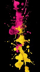 Poster - Splashing pink and yellow paint against a black background creates an abstract design filled with dynamic movement and vibrant colors, evoking energy and passion in every stroke