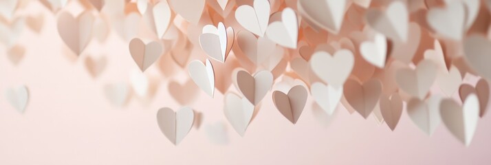 Poster - Hanging paper hearts with delicate folds against a soft pastel pink backdrop create a romantic atmosphere ideal for valentine's day and celebrations of love