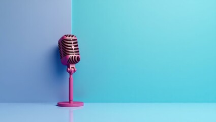 Poster - Aubergine vintage microphone on right. Soft black background. Copy space for text, 3D render AI Generated Designer Element