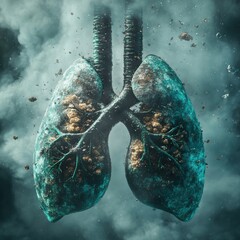 Poster - Realistic depiction of lungs struggling to breathe amidst pollution and dust particles in an urban environment. Generative AI