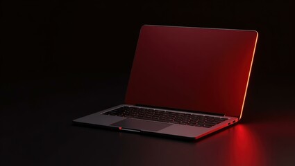 Leinwandbilder - Red and silver laptop with glowing lights on left. Soft orange background. Copy space for text, 3D render AI Generated Designer Element