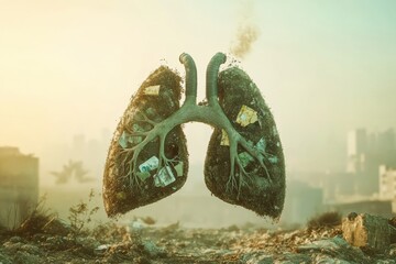 Poster - Realistic lungs emerge from polluted landscape full of dust and smog illustrating air quality concerns in urban environments. Generative AI