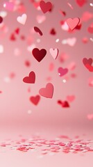 Poster - Numerous heart shapes are gently falling onto a pink surface, creating a romantic atmosphere perfect for valentine's day, weddings, or other love themed celebrations