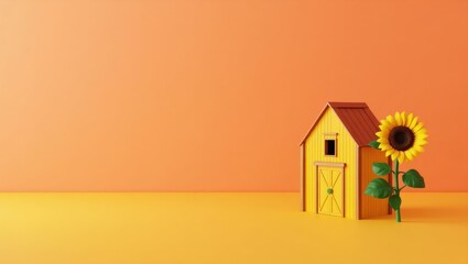Poster - Sunflower yellow barn on left. Soft black background. Copy space for text, 3D render AI Generated Designer Element