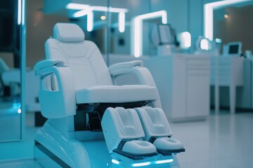 Poster - Modern spa treatment chair in a sleek, illuminated wellness center setting