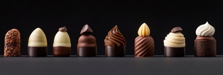 Poster - Gourmet chocolate candies with various shapes, toppings and textures are displayed on a sleek dark surface, creating an enticing image for valentine's day, birthdays, or any special occasion