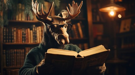 Poster - Moose with reading glasses enjoying a book in a vintage library filled with shelves of classic literature. Generative AI