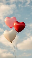 Poster - Heart shaped balloons in pink, red, and white floating against a blue sky with fluffy clouds, creating a romantic atmosphere for celebrations like valentine's day and anniversaries