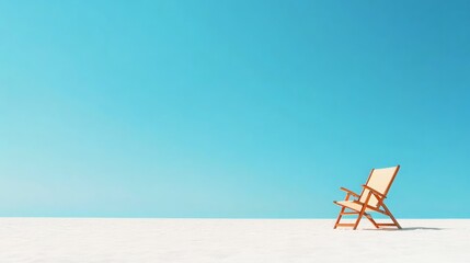 Aufkleber - Single wooden beach chair standing on pristine white sand under clear blue sky, offering idyllic vacation getaway setting with promise of tranquility and escape