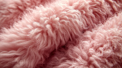Wall Mural - A soft, textured pink fur surface viewed from above, featuring a smooth sheepskin pattern, creating a sense of warmth, comfort, and coziness with its luxurious wool texture and delicate shaggy appeara