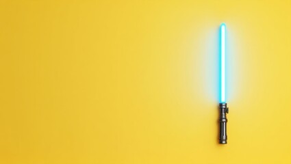 Poster - blue lightsaber on right. soft yellow background. copy space for text, 3d render ai generated design