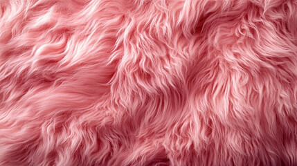 Wall Mural - A soft, textured pink fur surface viewed from above, featuring a smooth sheepskin pattern, creating a sense of warmth, comfort, and coziness with its luxurious wool texture and delicate shaggy appeara