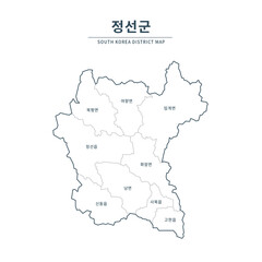  Jeongseon map. Map of South Korea with Major Cities, Clean Line Design on White Background.
