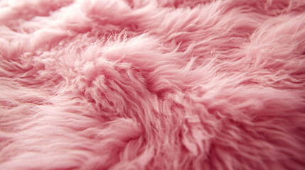 Wall Mural - A soft, textured pink fur surface viewed from above, featuring a smooth sheepskin pattern, creating a sense of warmth, comfort, and coziness with its luxurious wool texture and delicate shaggy appeara