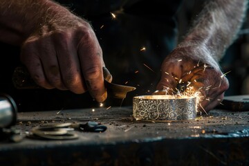 Poster - Craftsmanship shines as a skilled artisan creates intricate metalwork in a workshop with tools and sparks flying during a captivating evening