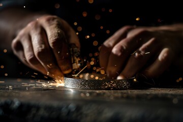Poster - Craftsmanship shines as a skilled artisan creates intricate metalwork in a workshop with tools and sparks flying during a captivating evening