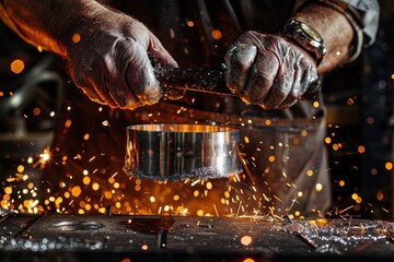 Poster - Craftsmanship shines as a skilled artisan creates intricate metalwork in a workshop with tools and sparks flying during a captivating evening