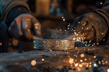 Poster - Craftsmanship shines as a skilled artisan creates intricate metalwork in a workshop with tools and sparks flying during a captivating evening