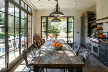 Poster - Elegant rustic kitchen with large dining table and fresh oranges in a sunlit space surrounded by greenery