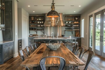 Poster - Elegant rustic kitchen with large dining table and fresh oranges in a sunlit space surrounded by greenery