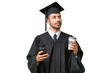 © luismolinero - Young university graduate man over isolated background holding coffee to take away and a mobile while thinking something