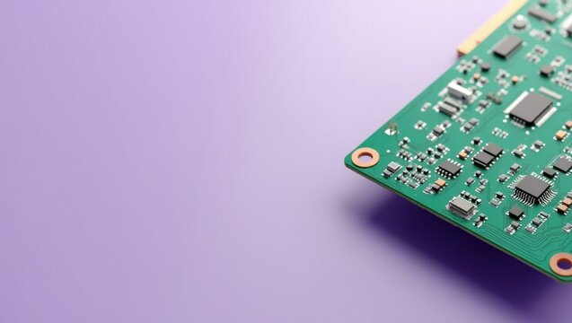 Green circuit board piece on left. Soft red background. Copy space for text, 3D render AI Generated Designer Element
