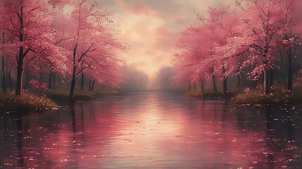 Wall Mural - Pink cherry blossom trees lining tranquil river at sunset, idyllic landscape, calendar art