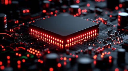 Poster - Quantum computing system with processor, electronic circuits, artificial neurons, global data connections, caption space, blurred bright light tone, symbolizing advanced technology and chaos

