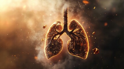 Poster - Realistic lungs depicted in a haze of smog and dust particles highlighting air pollution effects on health. Generative AI
