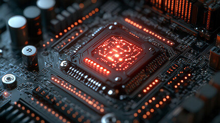 Poster - Quantum computing system with processor, electronic circuits, artificial neurons, global data connections, caption space, blurred bright light tone, symbolizing advanced technology and chaos

