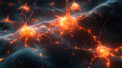 Poster - Quantum computing system with processor, electronic circuits, artificial neurons, global data connections, caption space, blurred bright light tone, symbolizing advanced technology and chaos

