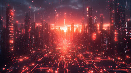 Poster - Quantum computing system with processor, electronic circuits, artificial neurons, global data connections, caption space, blurred bright light tone, symbolizing advanced technology and chaos

