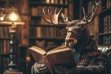 Leinwandbilder - Moose wearing reading glasses enjoys a book in a vintage library filled with books and warm lighting. Generative AI