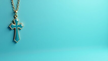 Poster - Camouflage green soldier's helmet on right. Soft blue background. Copy space for text, 3D render AI Generated Designer Element