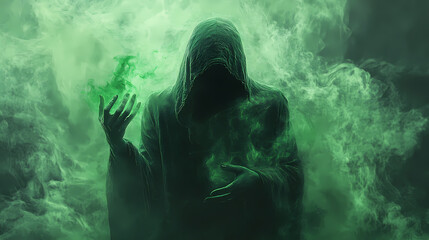 Wall Mural - A mysterious hooded figure conjures green mist, creating an eerie atmosphere full of magic and intrigue. Moonspire. Illustration