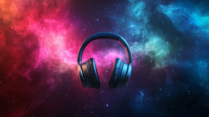 Poster - Wireless headphones hover in a vibrant nebula, blending music and cosmic imagery, suggesting a universal language of sound resonating through the galaxy