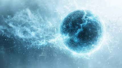 Wall Mural - a glowing, blue, spherical object surrounded by a cloud of particles and energy in a cosmic or abstr