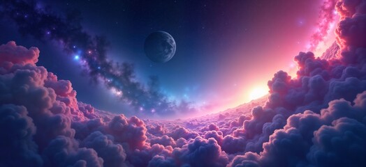 vast expanse of cosmos. clouds in pastel hues of pink, purple. stars, nebulae glow brightly. galaxy,